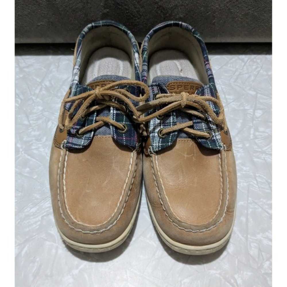 Sperry Top-Sider Women 8.5M Blowfish‎ Plaid Leather Boat Shoes Tan Blue Coastal